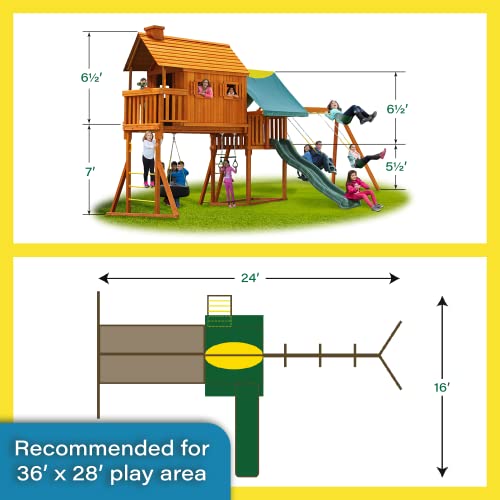 Fantasy Tree House Solid Cedar Wood Swing Set | Jungle Gym with Built-in Tree House, Clubhouse, Wave Slide