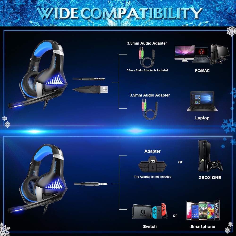 BENGOO GM-5 Stereo Gaming Headset for Xbox One, PS4, PC with Mouse, Noise Cancelling Over Ear Headphones with Mic, LED Light