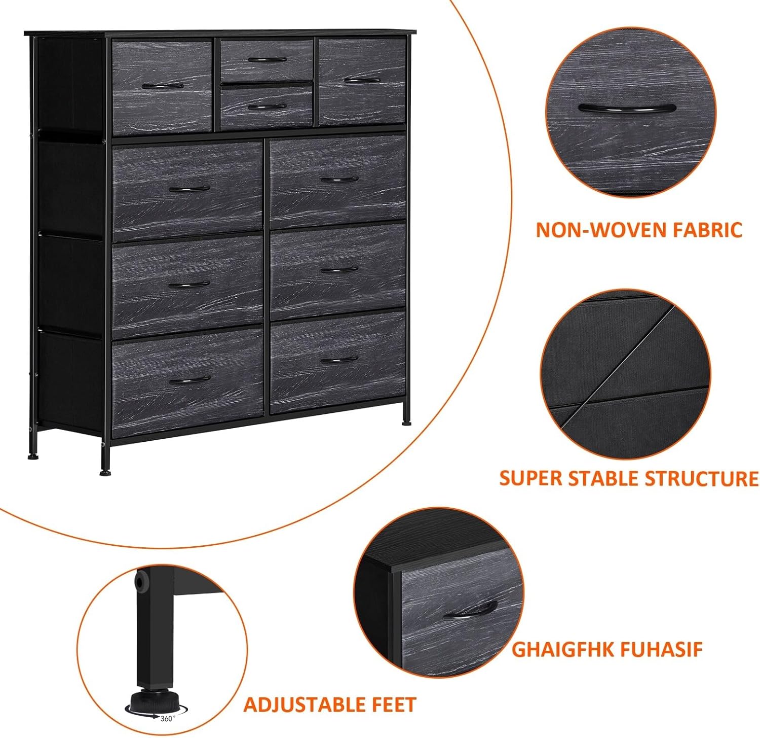 10 Drawers Dresser with Wood Top Steel Frame Black Fabric Metal