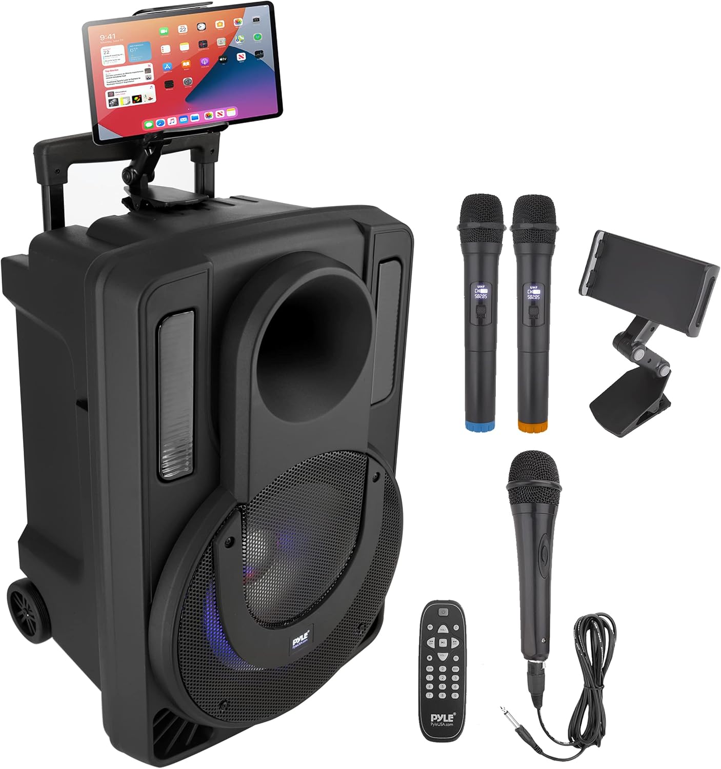 12’’ Portable PA Speaker System - Wireless BT Streaming PA & Karaoke Party Audio Speaker, Two Wireless Mic, Wired Microphone, Tablet Stand