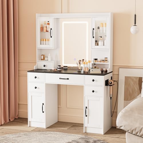 NUNU LAB 42 Inchs Large Vanity Desk with Mirror and Lights with 6 Drawers and 4 Cabinets, Big Women Makeup Table with Power Outlet