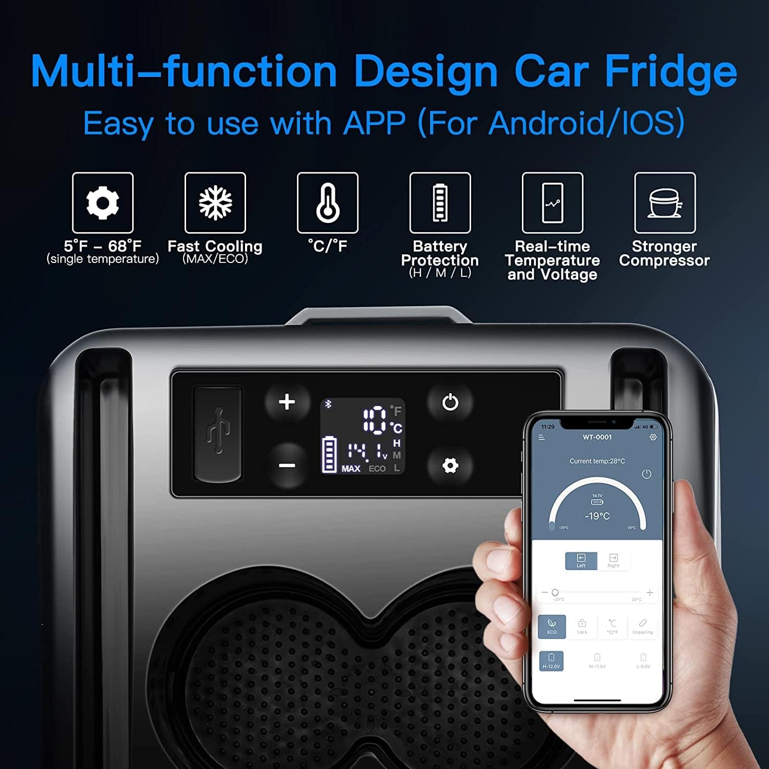 BODEGA 12 Volt Car Refrigerator, Portable Freezer, Car Fridge APP Control, 16 Quart 5℉-68℉ Mini Car Refrigerator Cooler
