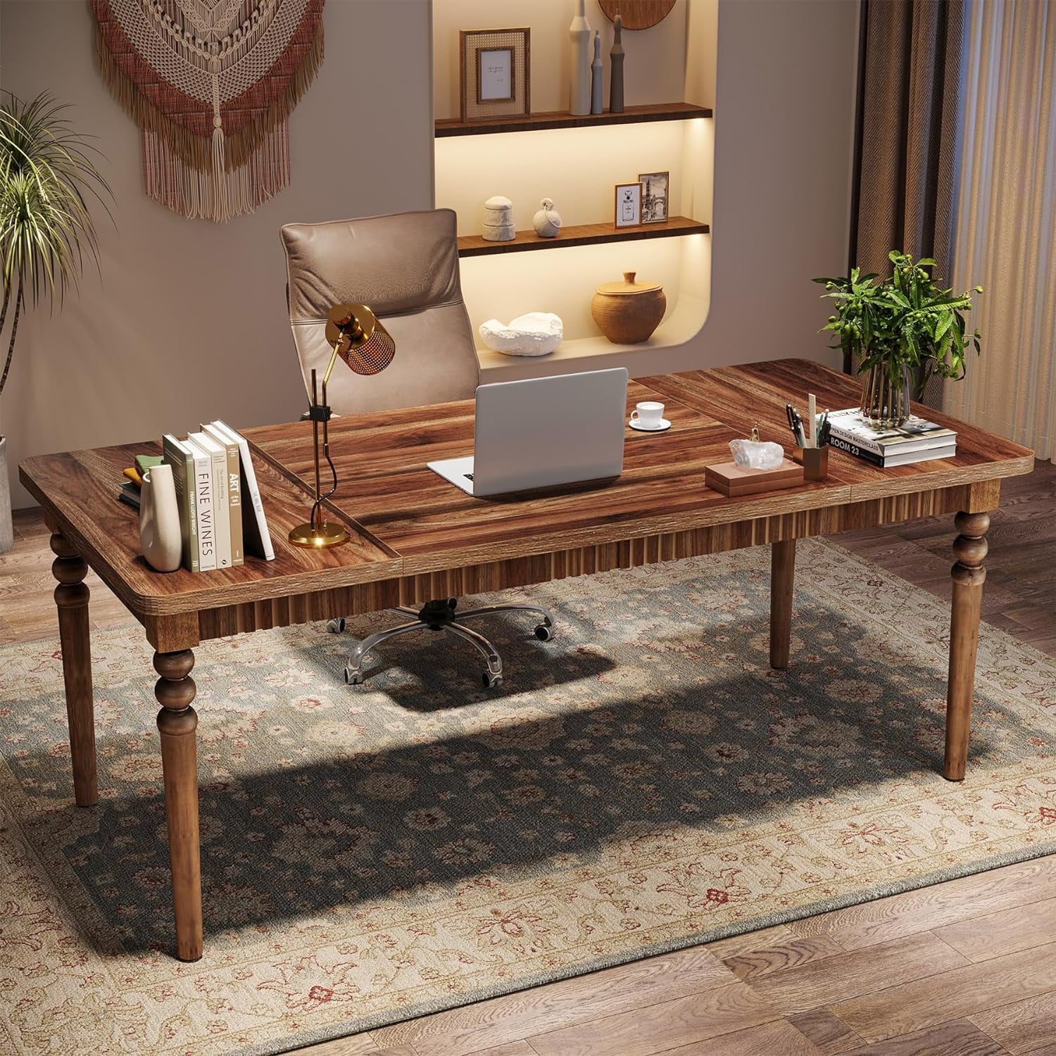 Tribesigns 63-Inch Executive Desk, Large Office Computer Desk with Solid Wood Turned Legs, Study Writing Table for Home Office, Walnut