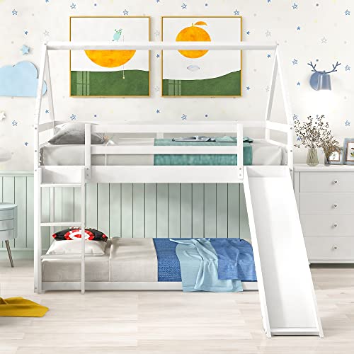 Kids Twin Over Twin Bunk Beds with Slide and Trundle, Solid Wood Bunk Bed Frame with Stairs and Storage