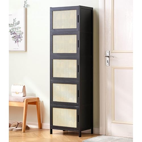 Shoe Storage Cabinet with Doors, Bamboo Narrow Slim Shoe Rack Cabinet Hidden Shoe Shelf Organizer for Closet Hallway Bedroom Entryway Living Room