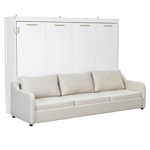 Queen Size Murphy Bed with Sofa, Shelves, USB & Light, Can be Folded Wall Bed and Tall Cabinet with Glass Doors& Wine Rack