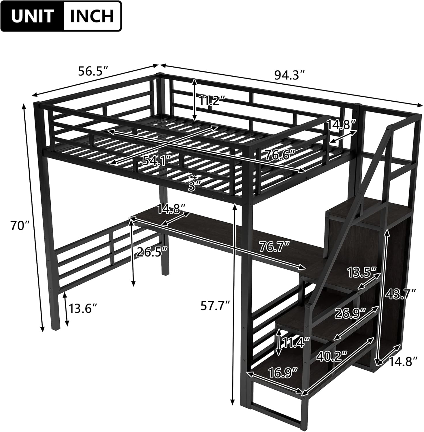 Multifunctional Design Full Size Metal Loft Bed with Desk, Convertible Storage Staircase and Small Wardrobe, Full-Length Guardrails on Upper Bed