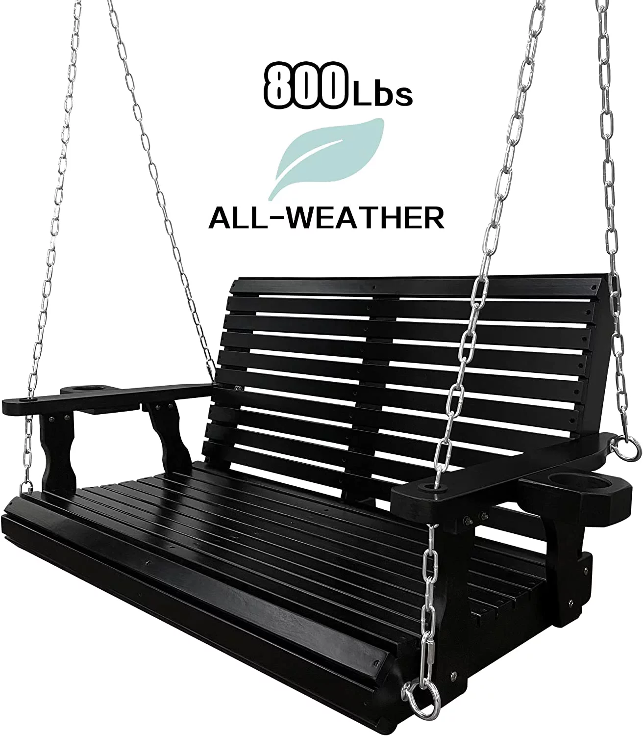 Wooden Porch Swing 2-Seater, Bench Swing with Cupholders for Outdoor Patio Garden Yard, 4 ft Black