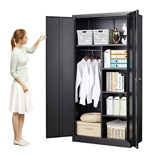 MIIIKO Steel Cabinet Wardrobe, Metal Locker Cabinet with Hanging Rod, Metal Clothing Locker Storage for Home, Office, Garage and Changing Room