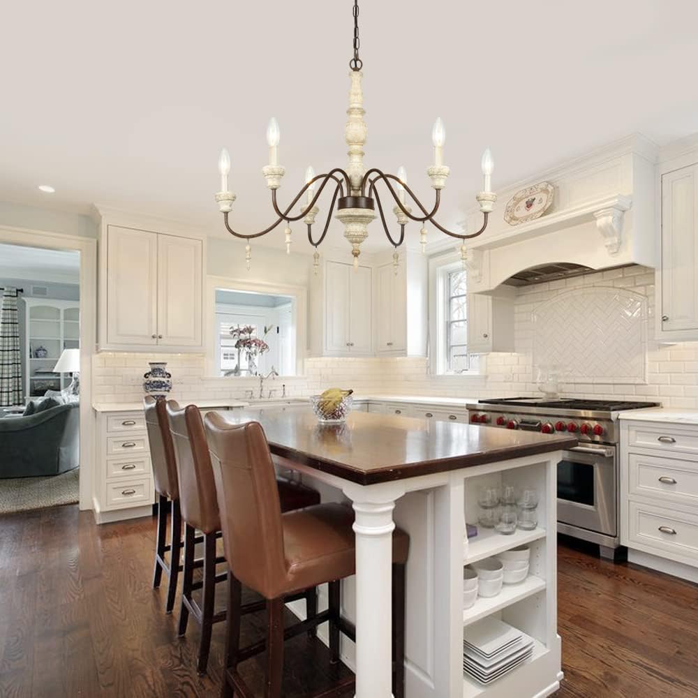 Oldiron 6-Light French Country Candle-Style Chandelier, Distressed White Imitation Wood Metal Chandelier