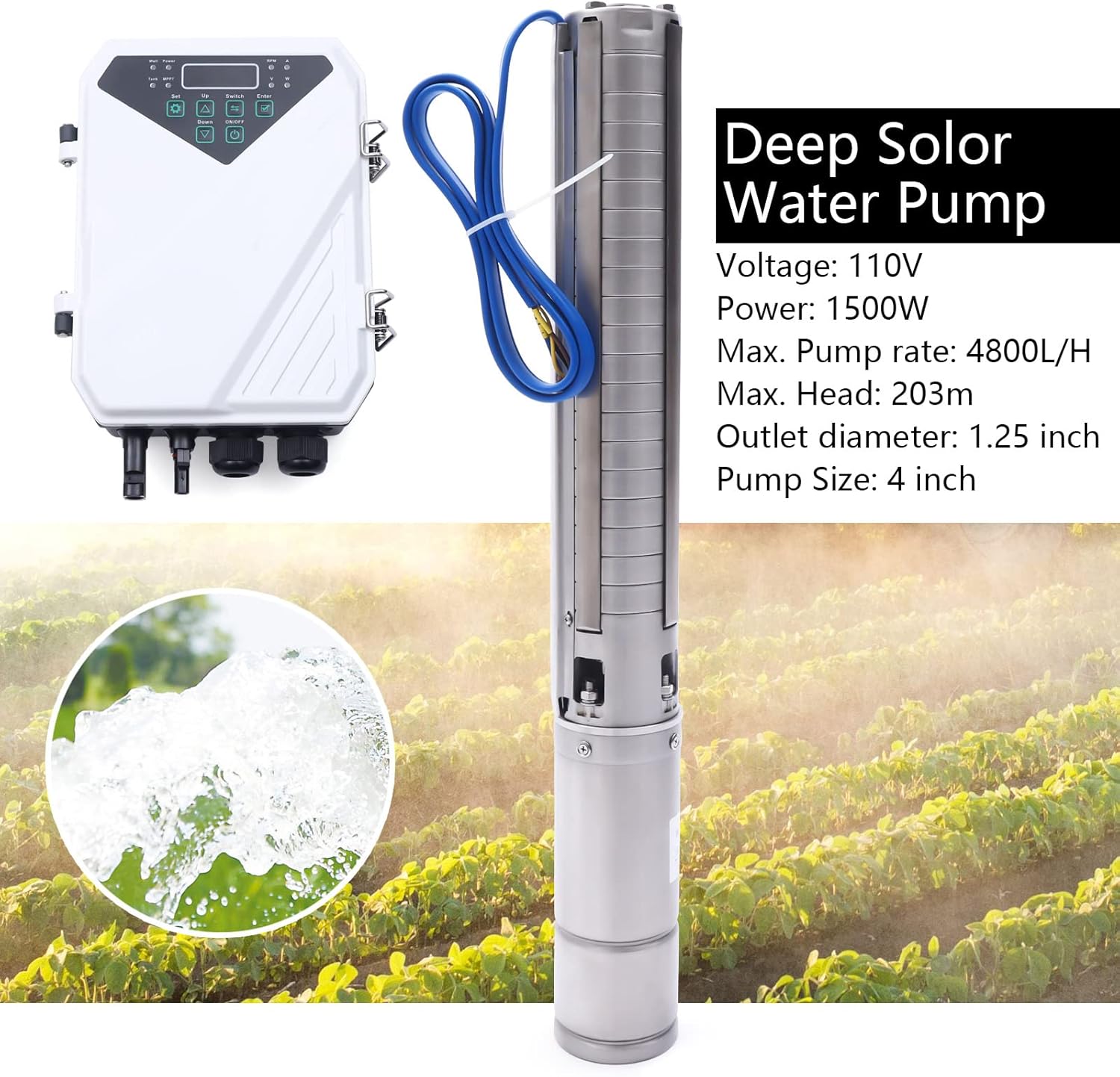Solar Water Pump Solar Pool Pump with MPPT Controller Solar Well Pump Kit Powered Water Pump 1500W Stainless Steel Deep Well Submersible Pump for