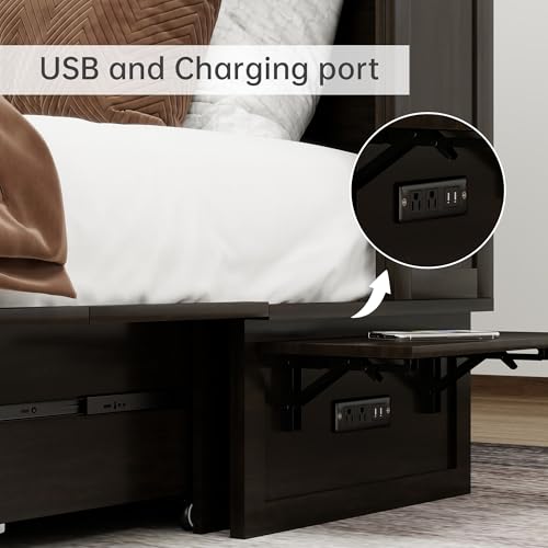 Murphy Bed Cabinet Full, Solid Wood Murphy Bed with 2 USB & 2 Charging Ports, Large Storage Drawer for Home Office or Small Space