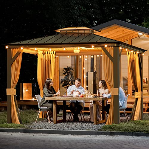 EROMMY 12'x20' Hardtop Gazebo Double Roof Galvanized Steel Canopy Outdoor Aluminum Frame Permanent Metal Pavilion with Netting and Curtains for Patio