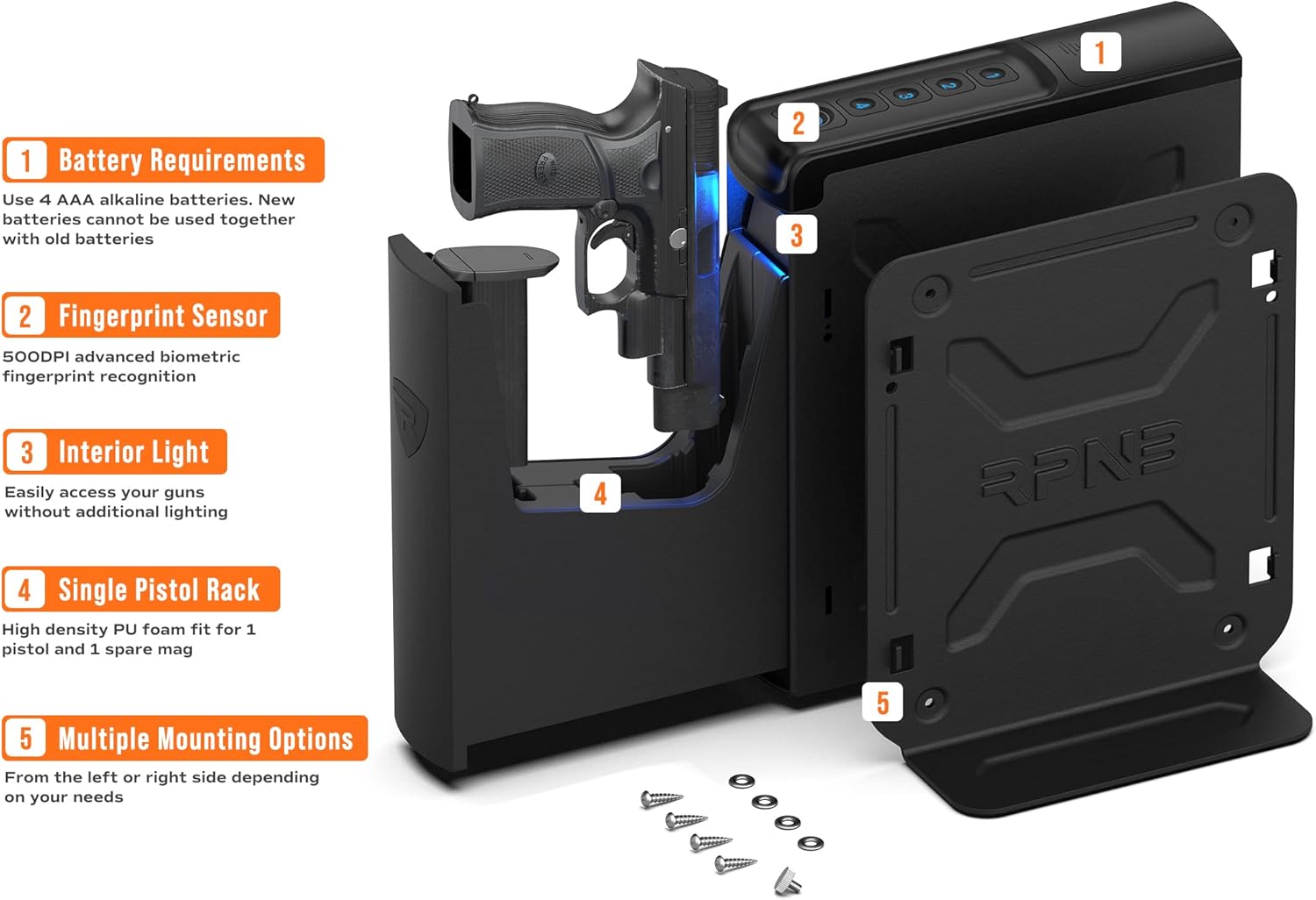 RPNB Gun Safe,Mounted Biometric Nightstand Handgun Safe with Quick Access Sliding Door