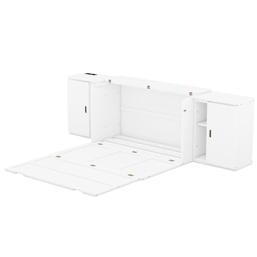 Full Size Murphy Cabinet Wall Bed With Storage and Bookcase Headboard, Solid Wood Cabinet With Shelves and USB Ports, Platform Floor for Home Office