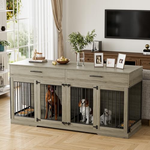 Rophefx 72" Dog Crate Furniture for 2 Dogs, Large Double Dog Kennel Indoor Furniture with 2 Storage Drawers and Removable Divider