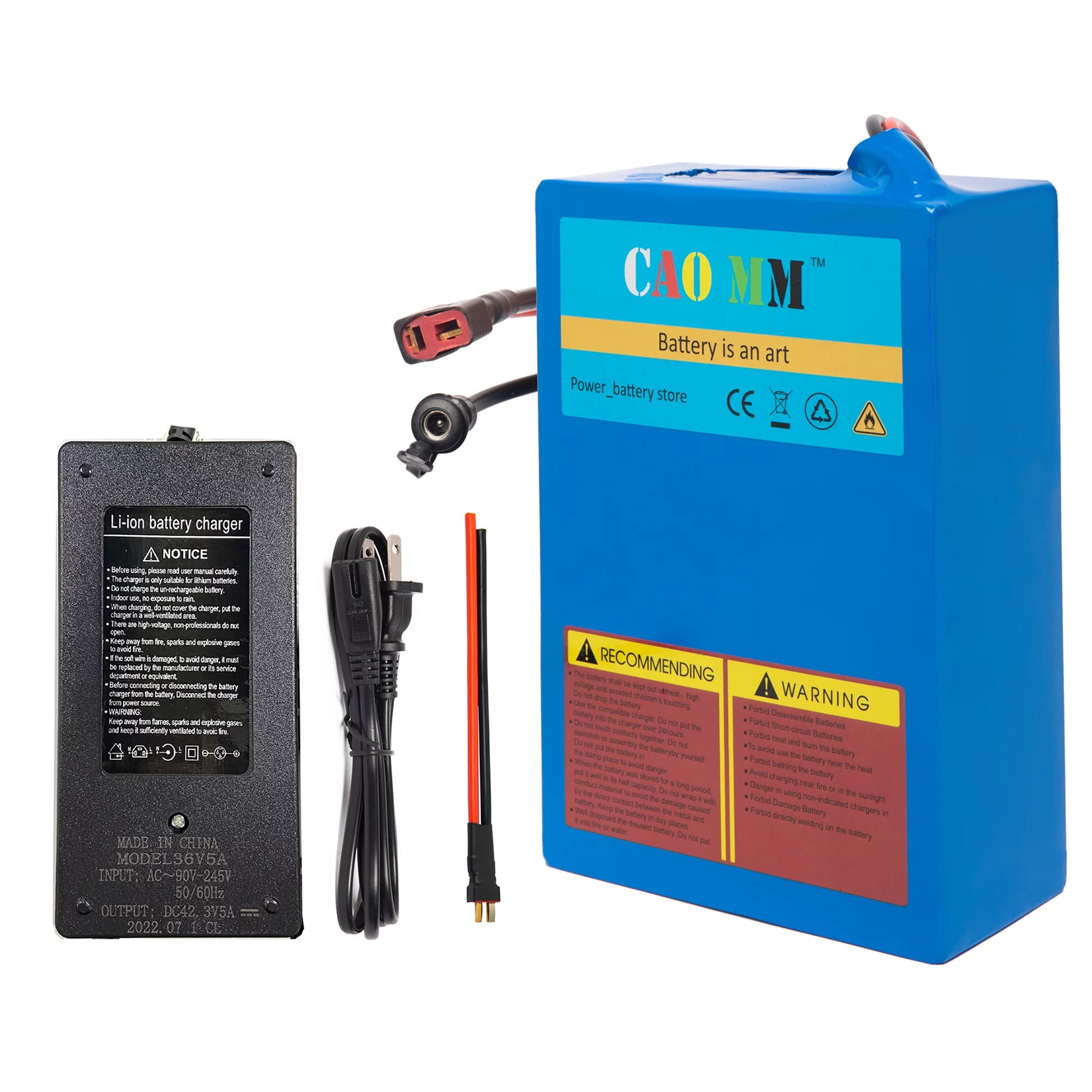 CAO MM Ebike Battery 36V 20Ah Lithium Battery with 5A Fast Charger for 1000W Electric Bike Tricycle