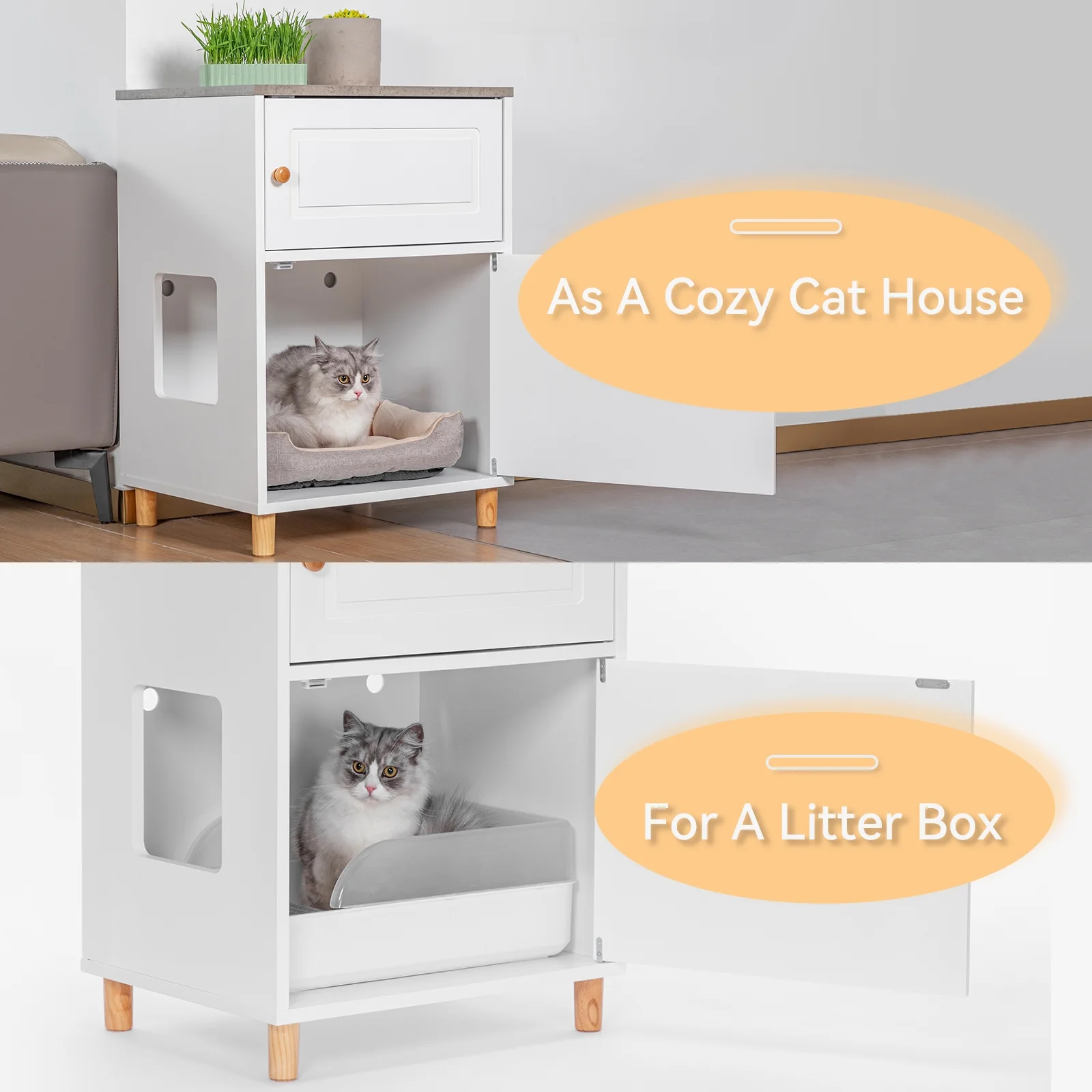 PETSFIT Cat Litter Box Enclosure, Odor-Free Design, Storage Cabinet, Easy-Clean, and Stylish Hidden Cat  Litter Box Furniture White