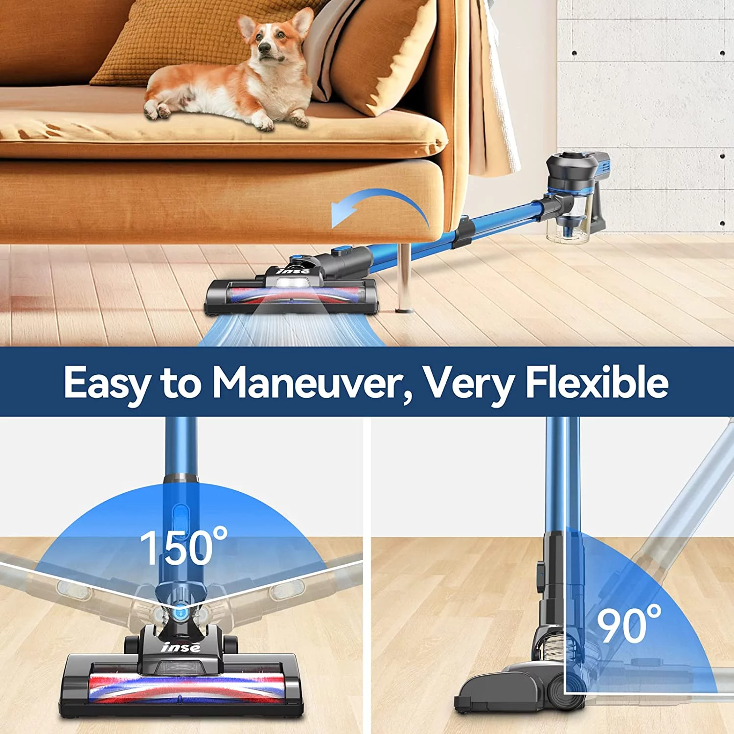 INSE N6 Vacuum Cleaner 160W Rechargeable Cordless Stick Vacuum, up to 45 minutes for Home Hard Floor Carpet Pet Hair, Red
