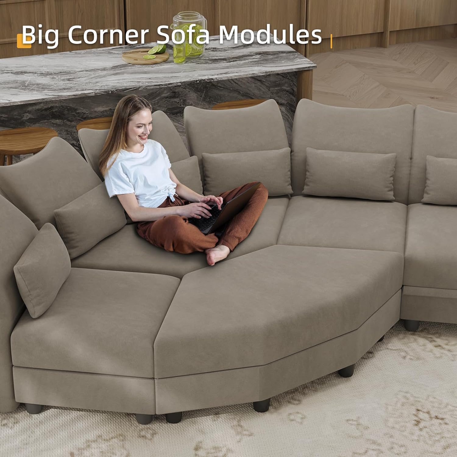 LLappuil Velvet Modular Sectional Sofa L Shaped Corner Couch with Storage Chaise, 142.2" 4-Seater Sofa with Big Ottoman