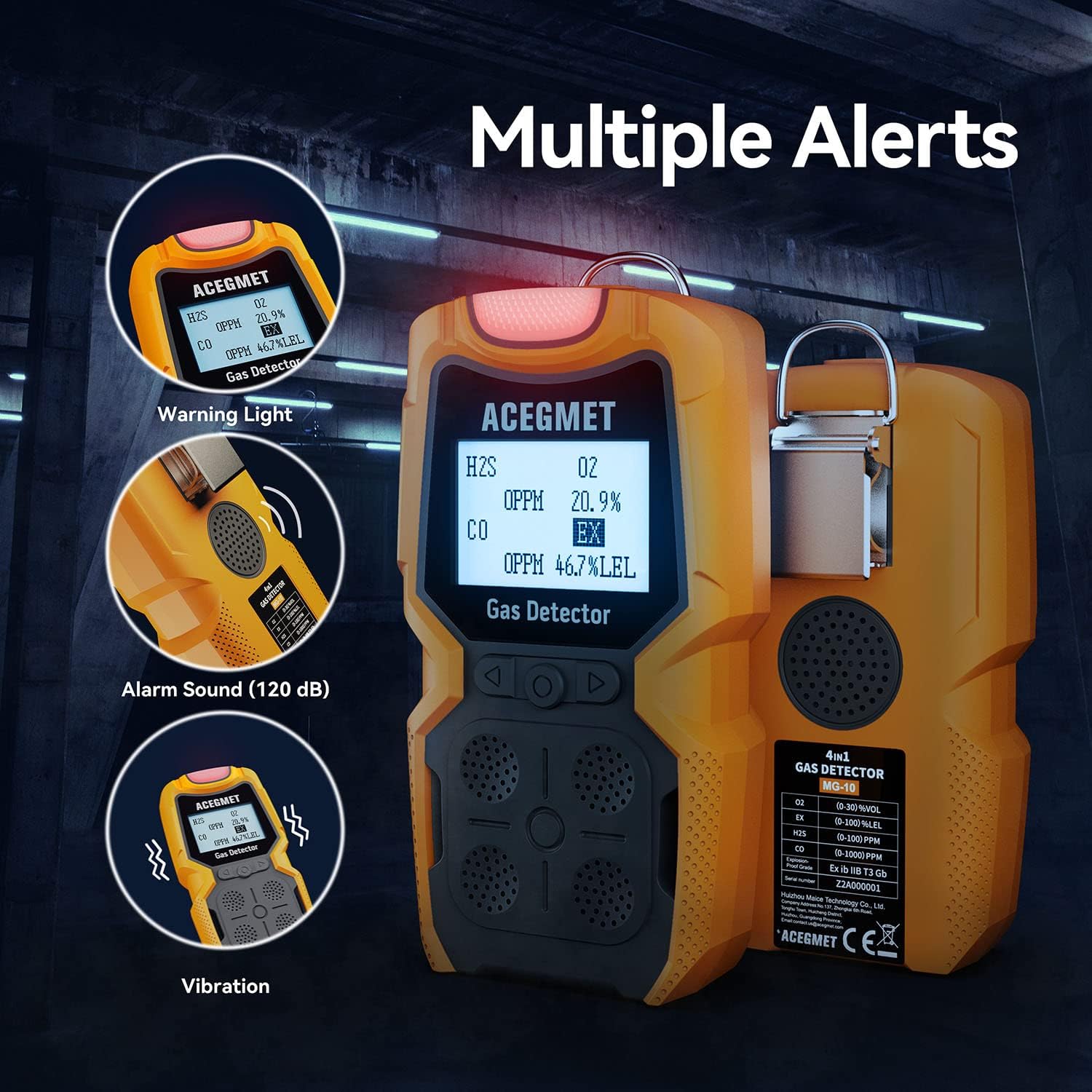 Gas Detector, ACEGMET 4 Gas Monitor Multiple Indicator (Vibration, Audible, Visual) H2S, O2