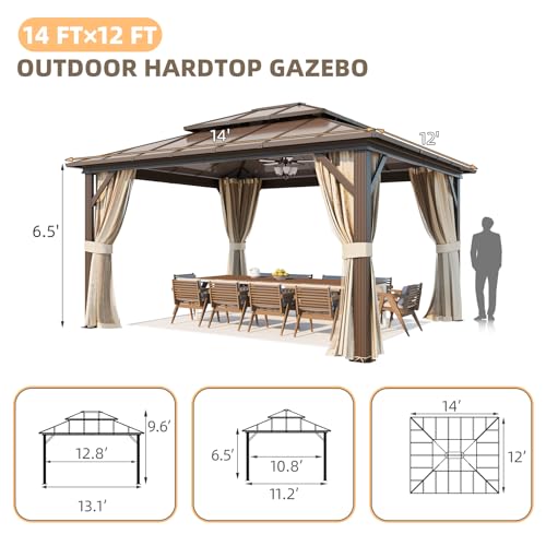 YOLENY 10'x13' Hardtop Gazebo, Outdoor Polycarbonate Double Roof Canopy, Aluminum Frame Permanent Pavilion with Curtains and Netting