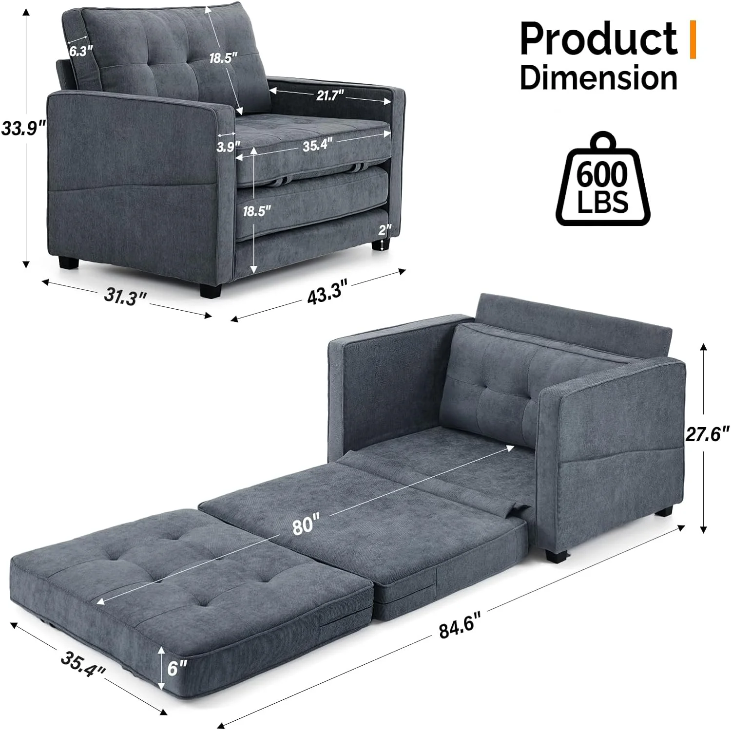 VINGLI Upgraded 64" W 84" L Full Size Futon Sofa Bed, 6" Thick Upholstery Chenille Loveseat Sofa Sleeper Pull Out Couch