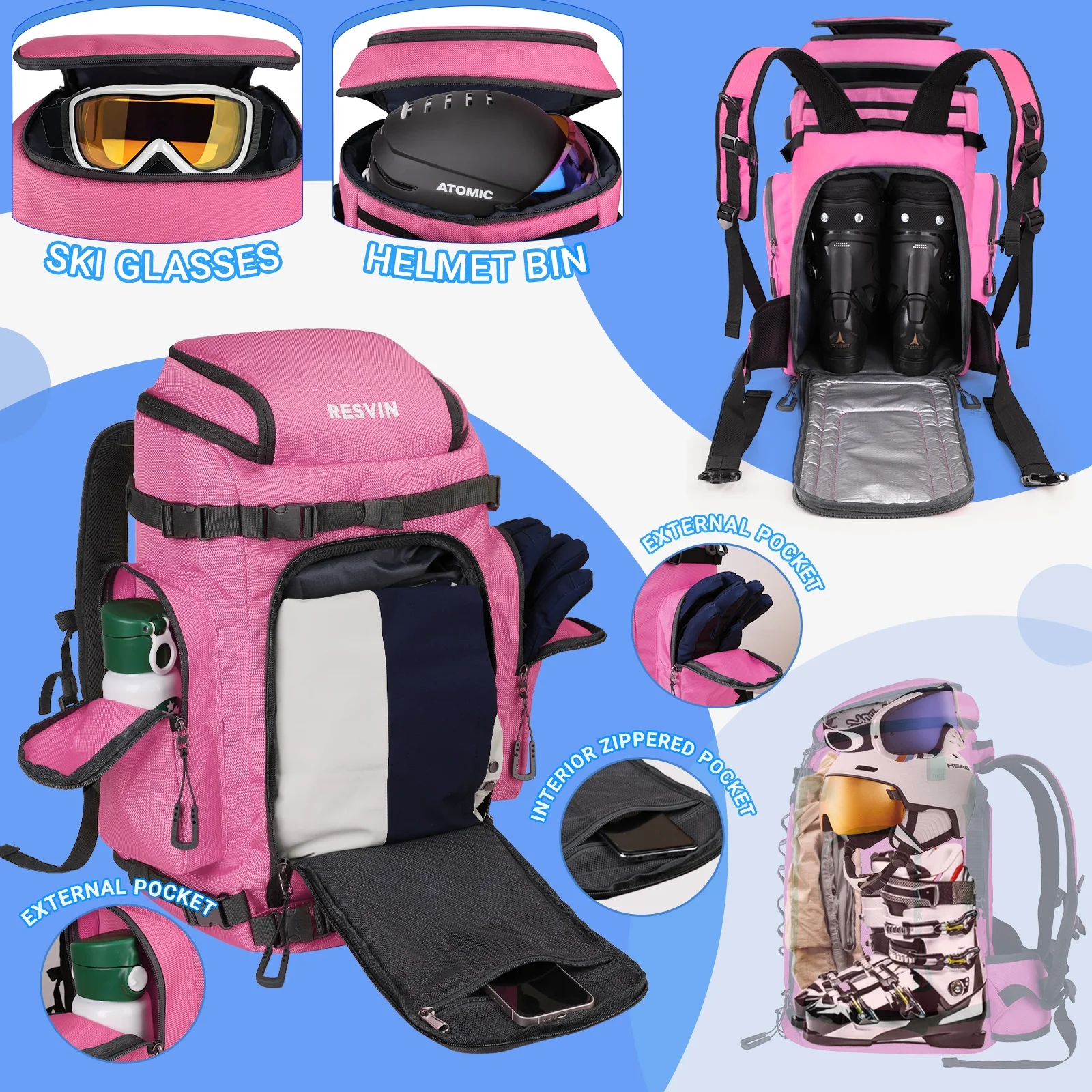 Ski and Snowboard Boot Bag Backpack - 60 L - Waterproof Winter Sport Pack for Travel Pink