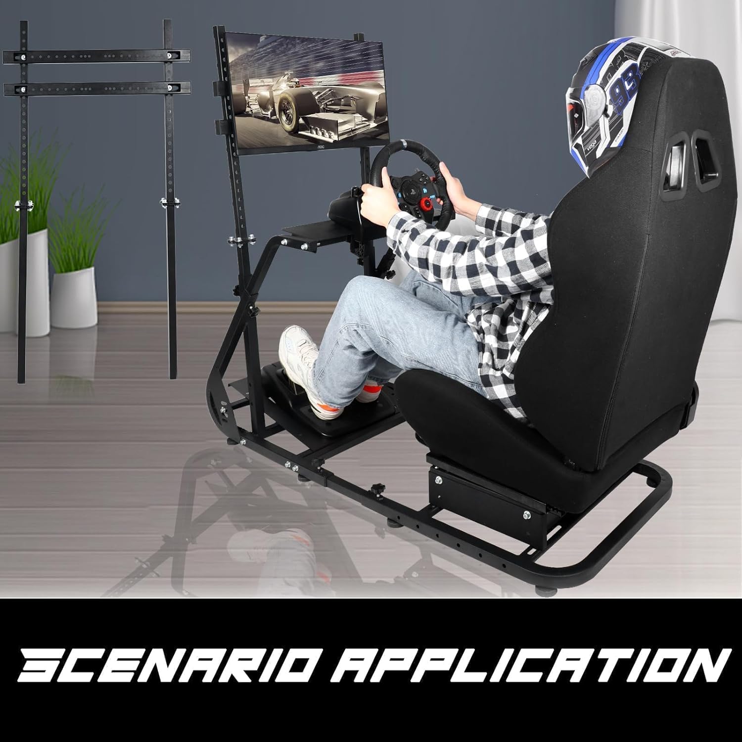 Anman G25 Pro TV VR Sim Racing Simulator Cockpit Black Seat with Visualizer Monitor Stand Fit for Logitech/Thrustmaster/Fanatec G25 G27 G29 G920 G923
