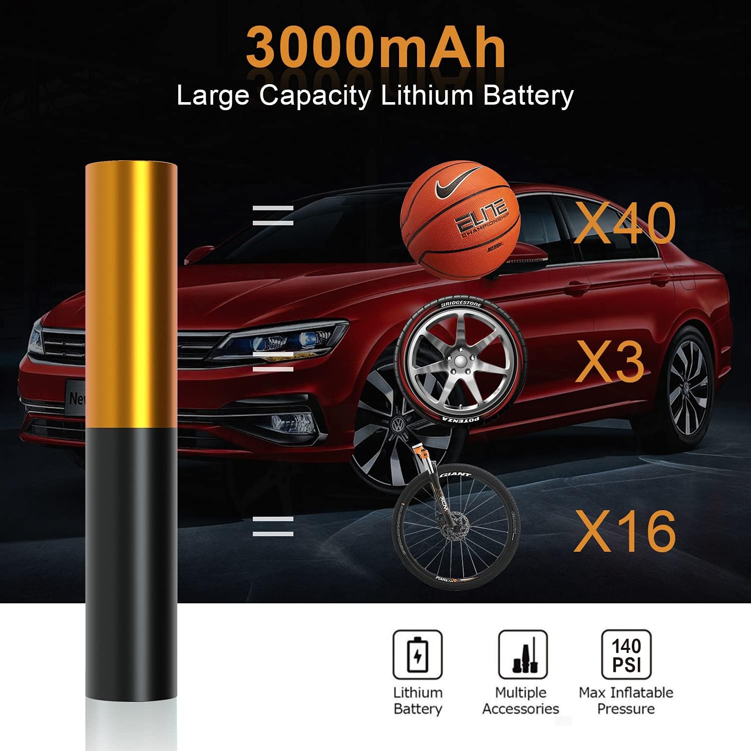 AUTDER Bike Tire Pump - 3000mAh Portable Air Pump with Digital Pressure Gauge and Auto-Off Function, 140PSI Wireless Rechargeable Air Compressor