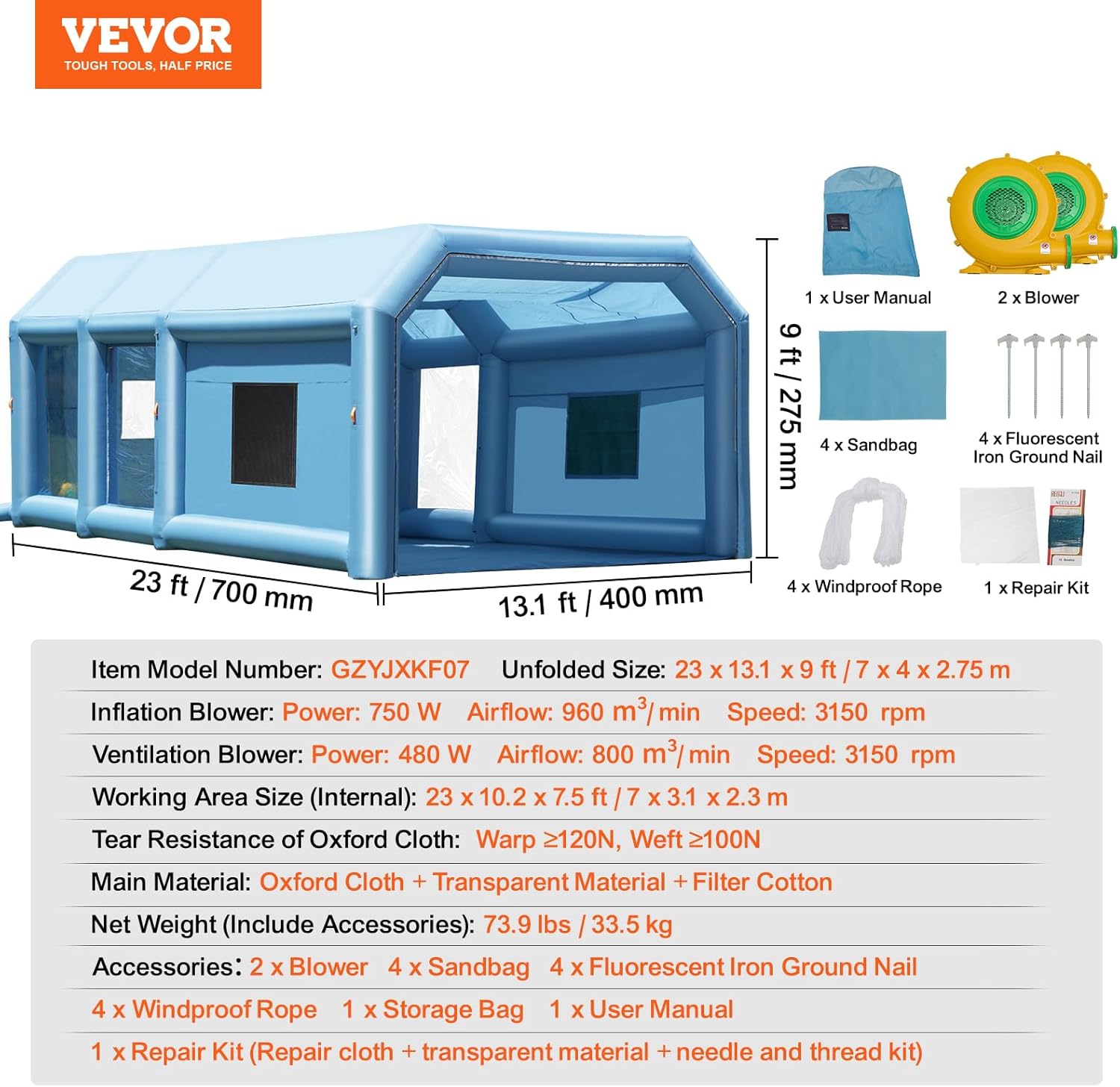 VEVOR Inflatable Paint Booth, 23 x 13.1 x 9 ft Inflatable Spray Booth, with 750W+480W Powerful Blowers and Air Filter System, Large Motorcycle