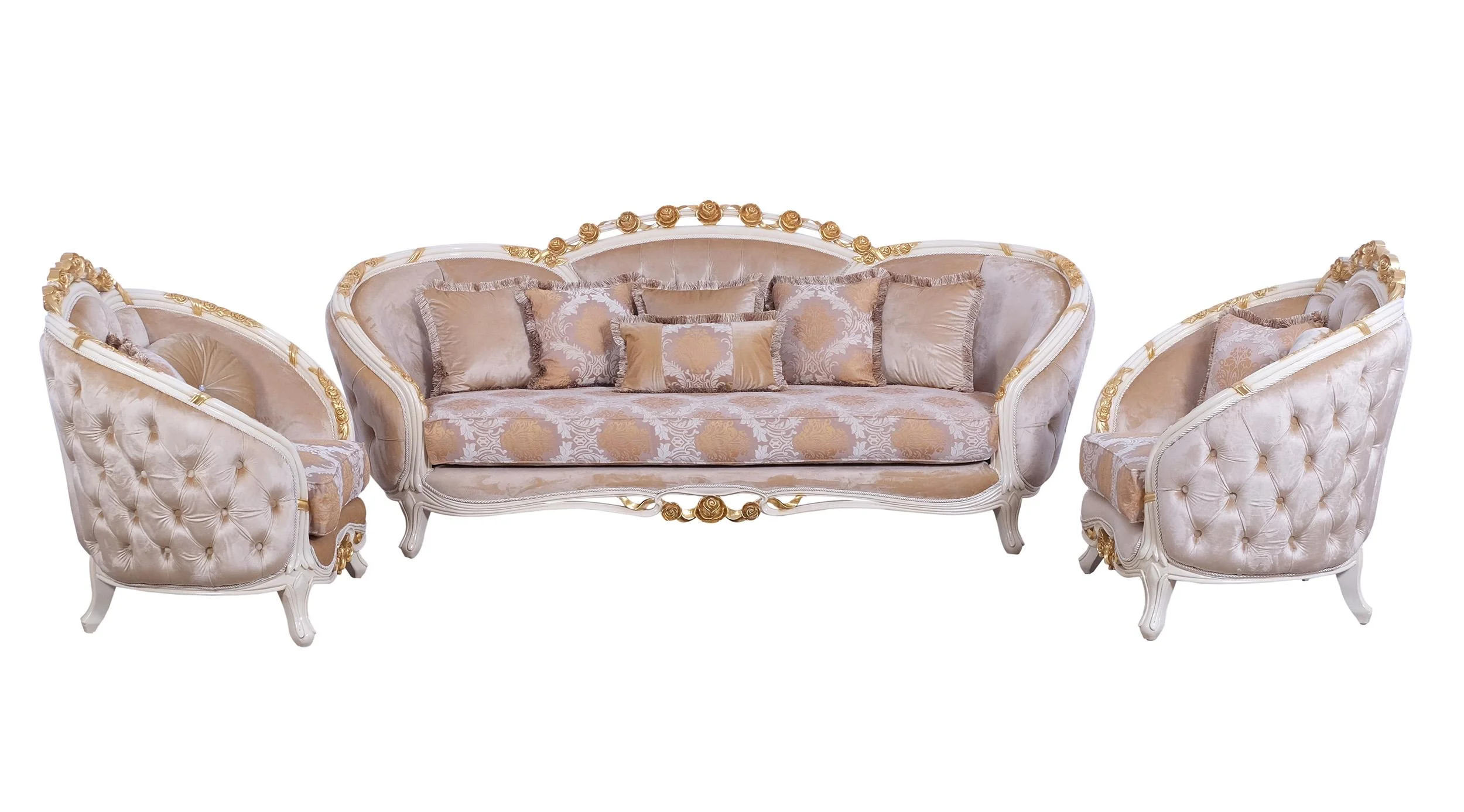 Luxury Beige & Gold Wood Trim VALENTINE Sofa Set 3 EUROPEAN FURNITURE Classic