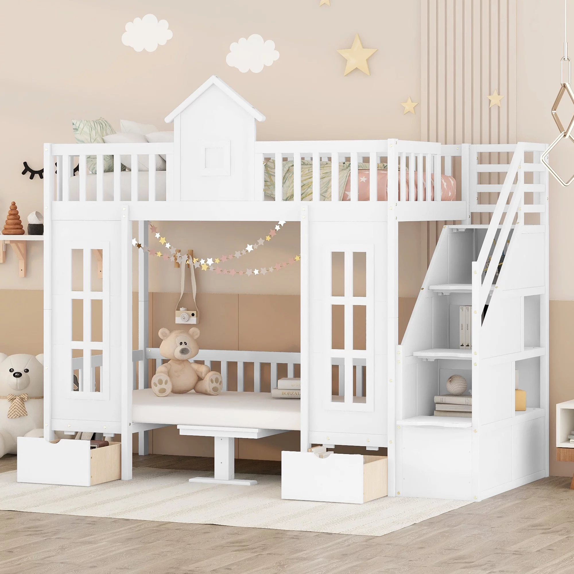 Twin Over Twin Bunk Beds with Stairs, Wood Loft Bed with Desk and Seat Can be Turned Into Bunk Bed