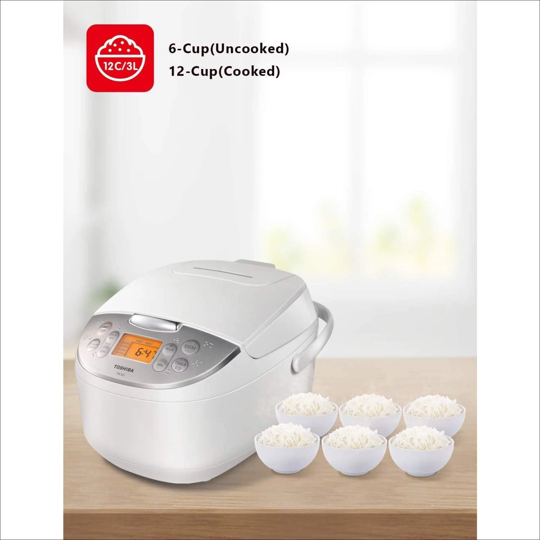 Toshiba TRCS01 Cooker 6 Cups Uncooked (3L) with Fuzzy Logic and One-Touch Cooking, Brown Rice, White Rice and Porridge