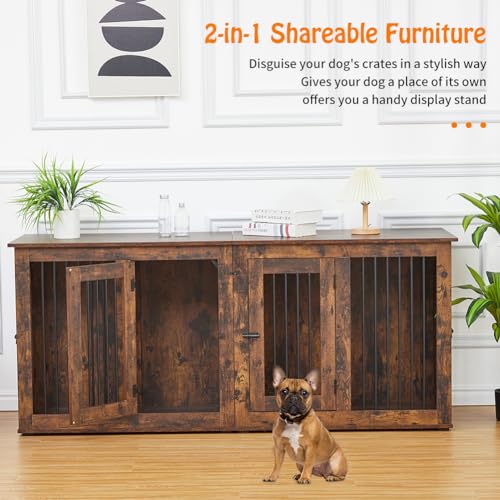 Furniture Style Dog Crate for 2 Rooms,Wooden Double Dog Crates Kennel with Divider,Indoor Dog House Furniture with Double Rooms