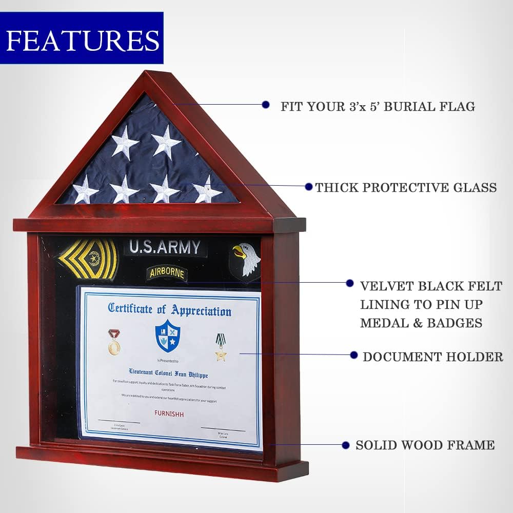 Flag Display Case for Folded Americian Flag with Certificate & Document Holder Display Frame Military Shadow Box for Army Navy Air Force Veterans