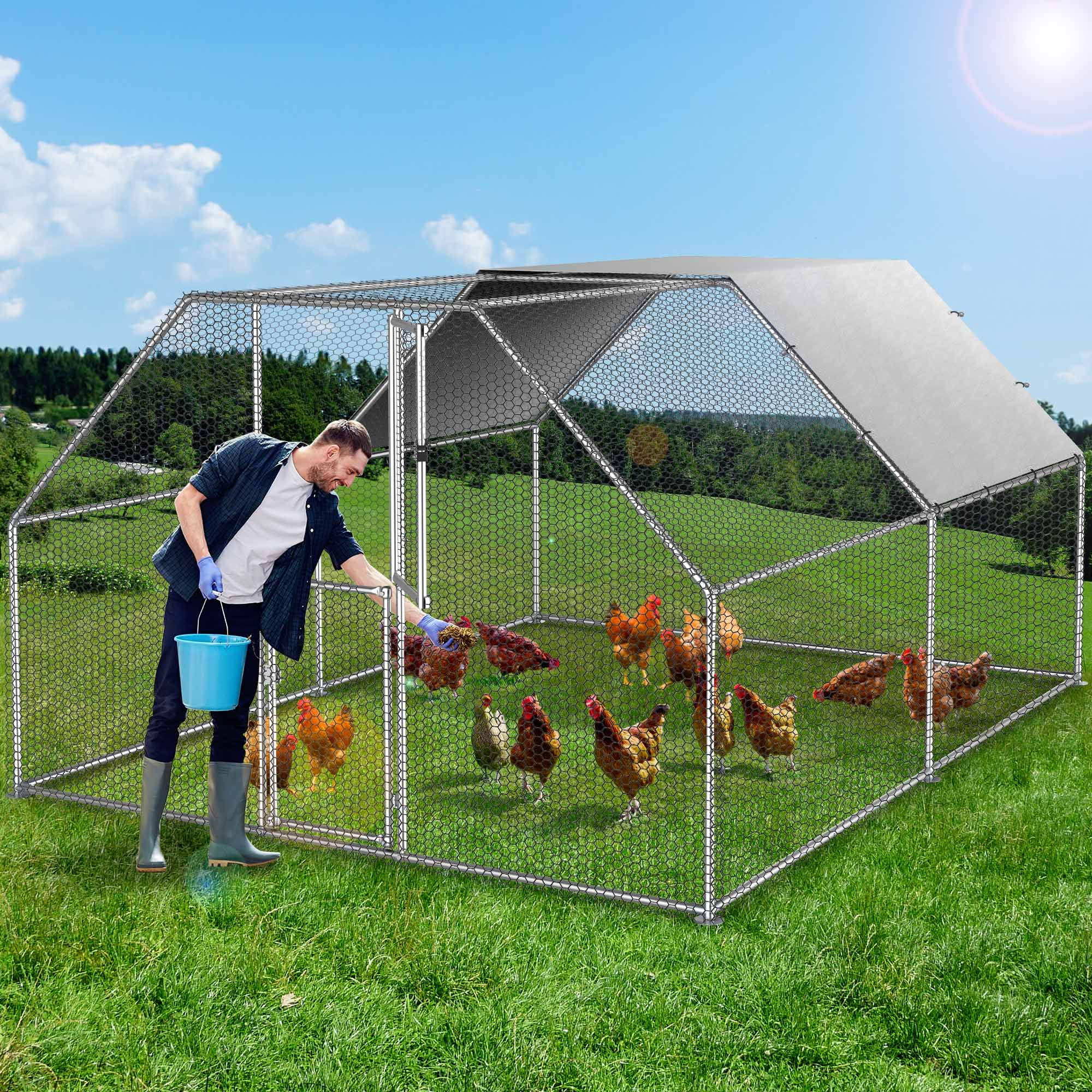 Dextrus Chicken Run Coop 13.1 x 9.8 x 6.4 ft Large Metal Chicken Coop Spire Shaped, Walk-in Hen Cage