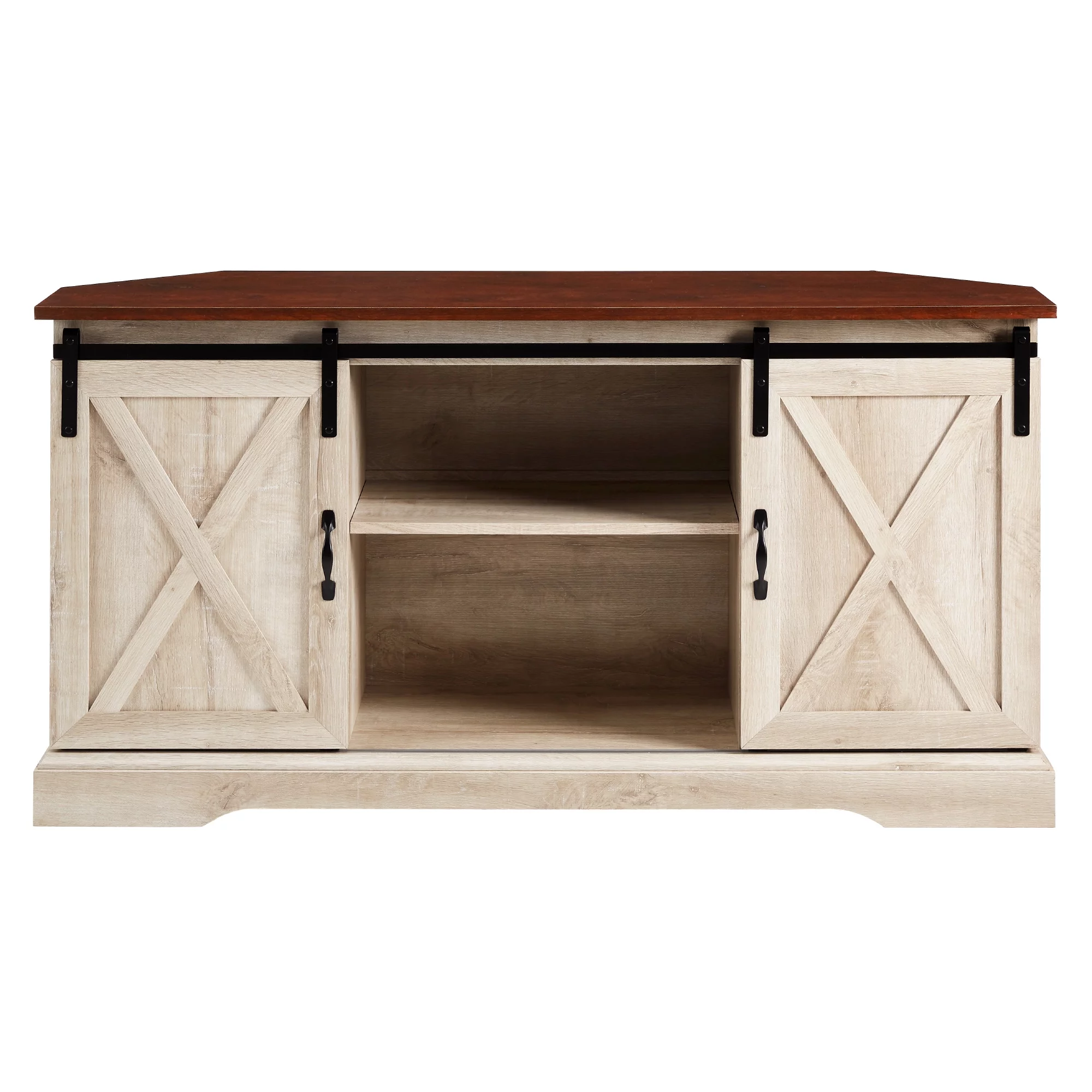 Walker Edison Modern Farmhouse Sliding Door Corner TV Stand, White Oak