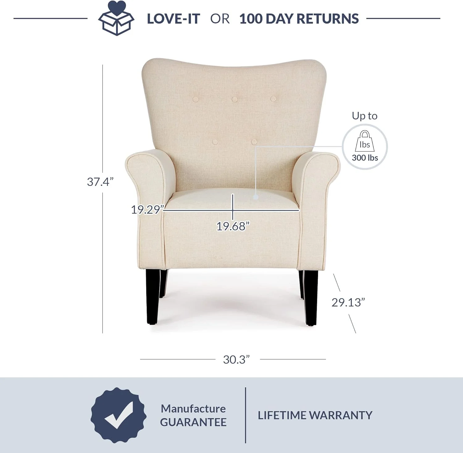 Modern  Chair For Living Room, High Back Armchair With Wooden Legs