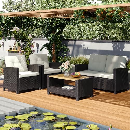 Wisteria Lane 4 Piece Outdoor Patio Furniture Sets, Wicker Conversation Set for Porch Deck, Gray Rattan Sofa Chair with Cushion