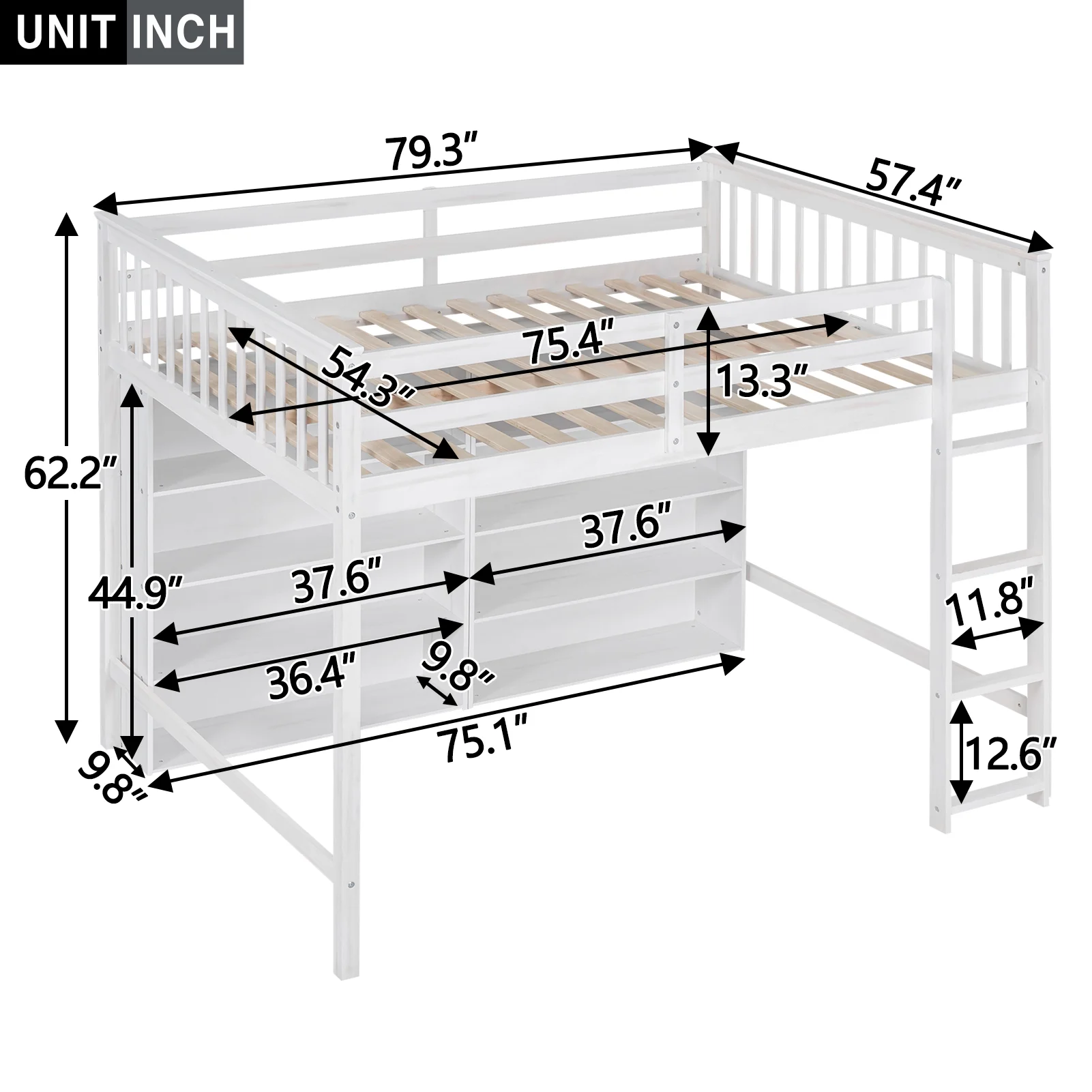 Churanty Wood Full Size Loft Bed with 8 Open Storage Shelves, Full Loft Bed Frame with Built-in Bookcase for Dorm Kids Teens, White