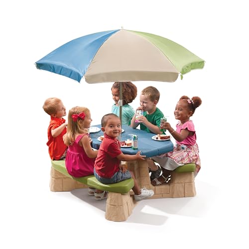 Step2 Naturally Playful Kids Picnic Table with Removable Umbrella, Indoor/Outdoor Toys, Fits 6 Children, Made of Durable Plastic