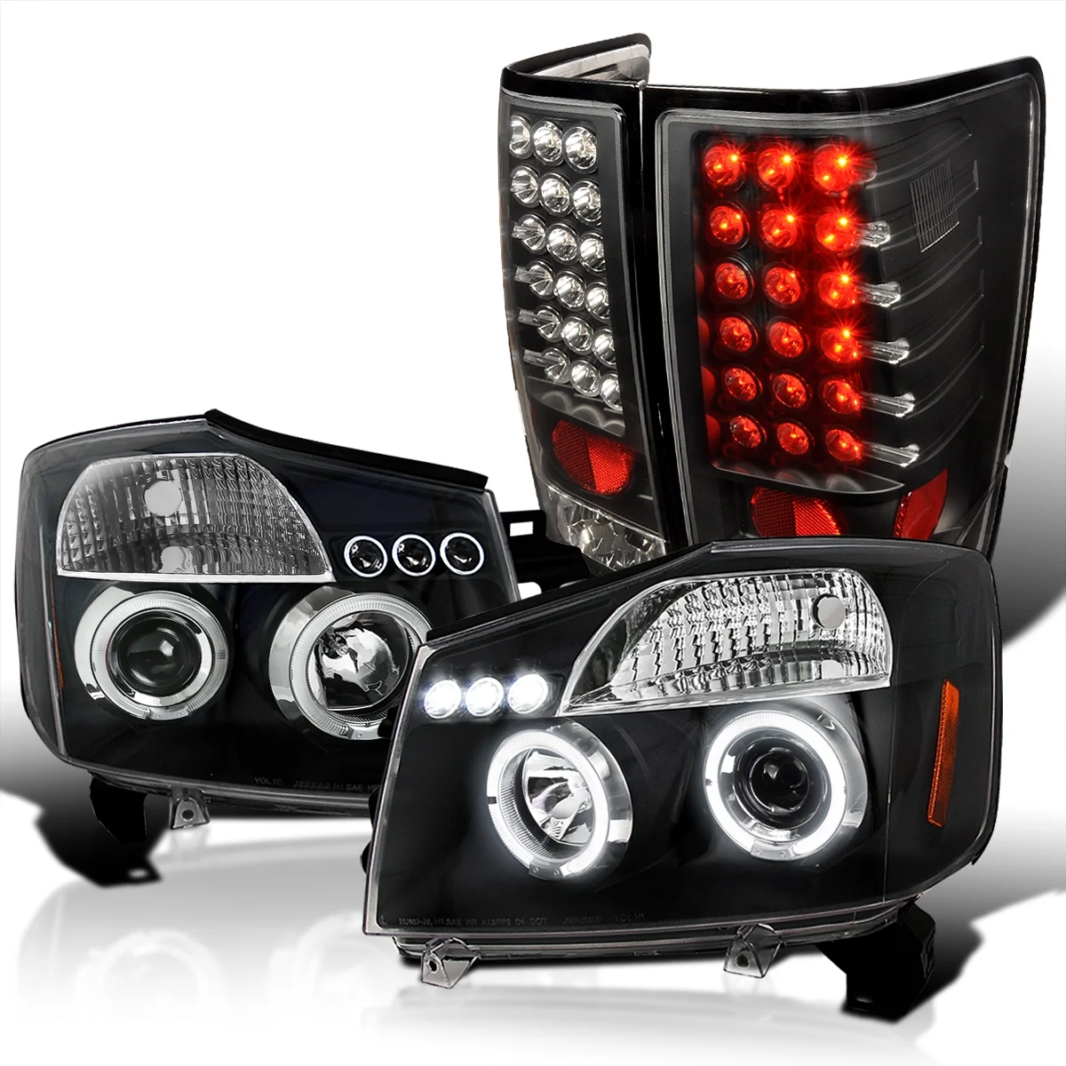Spec-D Tuning Black Halo Projector Headlights + LED Tail Lamps Combo Compatible with 2004-2015 Nissan Titan Left + Right Pair Headlamps Assembly