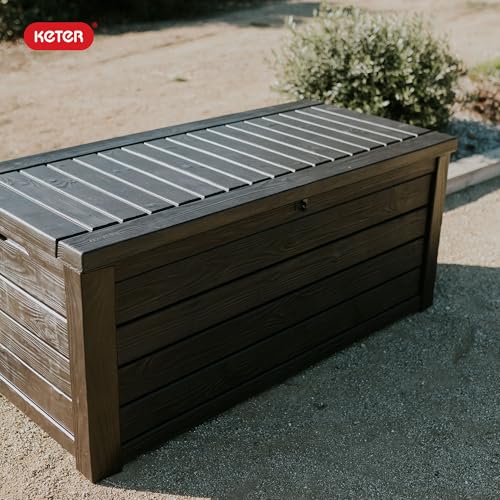 Keter Outdoor Storage Deck Box, 150 Gallon Resin Patio Bin & Bench, Wood Grain, Brown