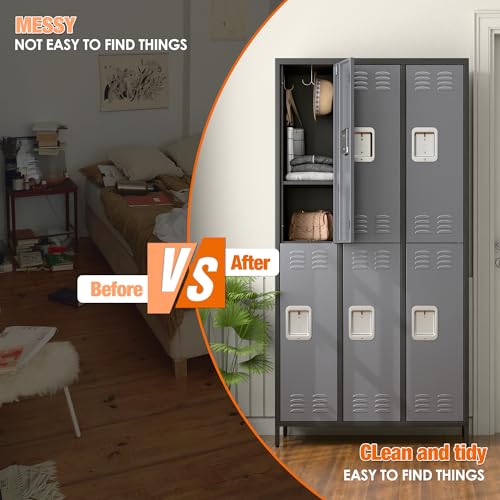 6 Door Metal Storage Locker 18 Hooks,Metal Locker for Employees with Lock for School Garage Office Gym Bedroom,Assembly Required