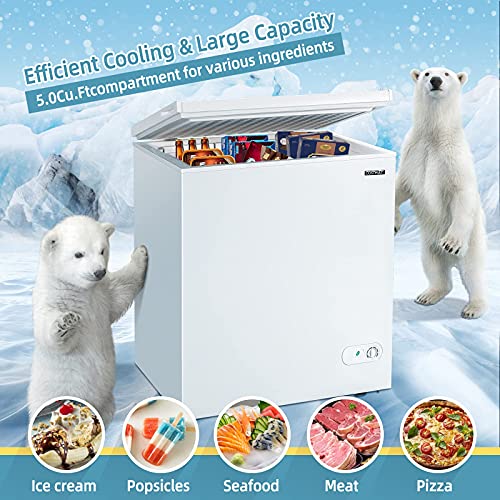 COSTWAY Chest Freezer, Quiet Small Deep Freezer with Top Open Door & Removable Basket, Compact Freezer with Two Rolling Casters for Apartments, Bars