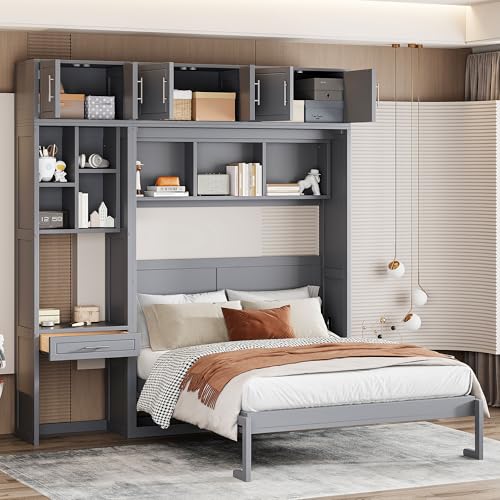 LZ LEISURE ZONE Full Size Murphy Bed, Wood Space Saving Foldable Wall Bed with Desk, Top Cabinet and Storage Shelves, White