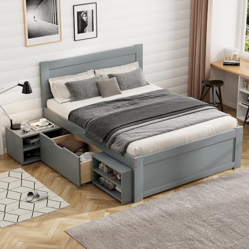 SOFTSEA Full Size Platform Bed with Storage, Platform Bed with Drawers and Bed End Case, Wood Platform Bed Frame with Storage Bookcase Headboard