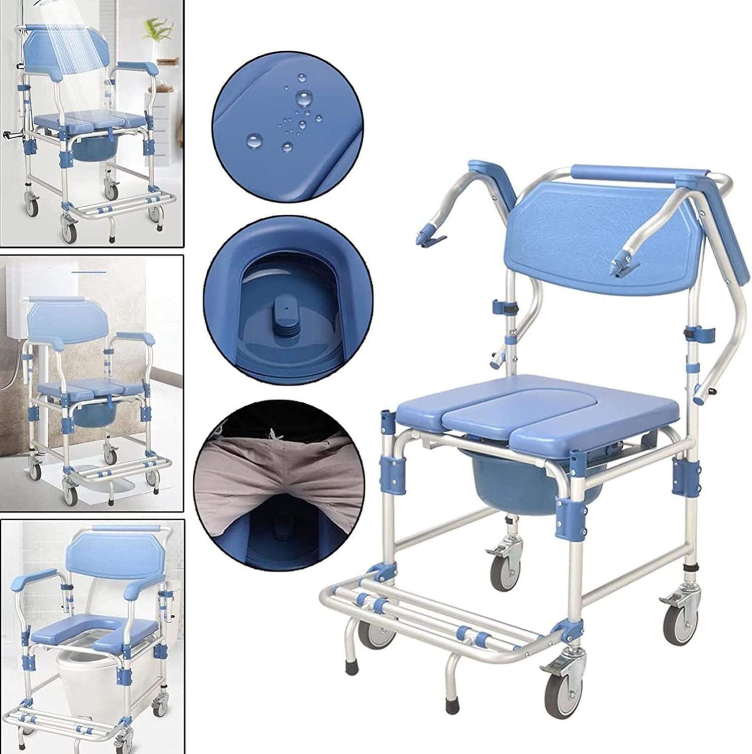 Toilet Chair with Wheeled - Shower Wheelchair - Commode Mobile Chair for Bathroom Toilet - Armrest Can Be Lifted Solid Construction Stable