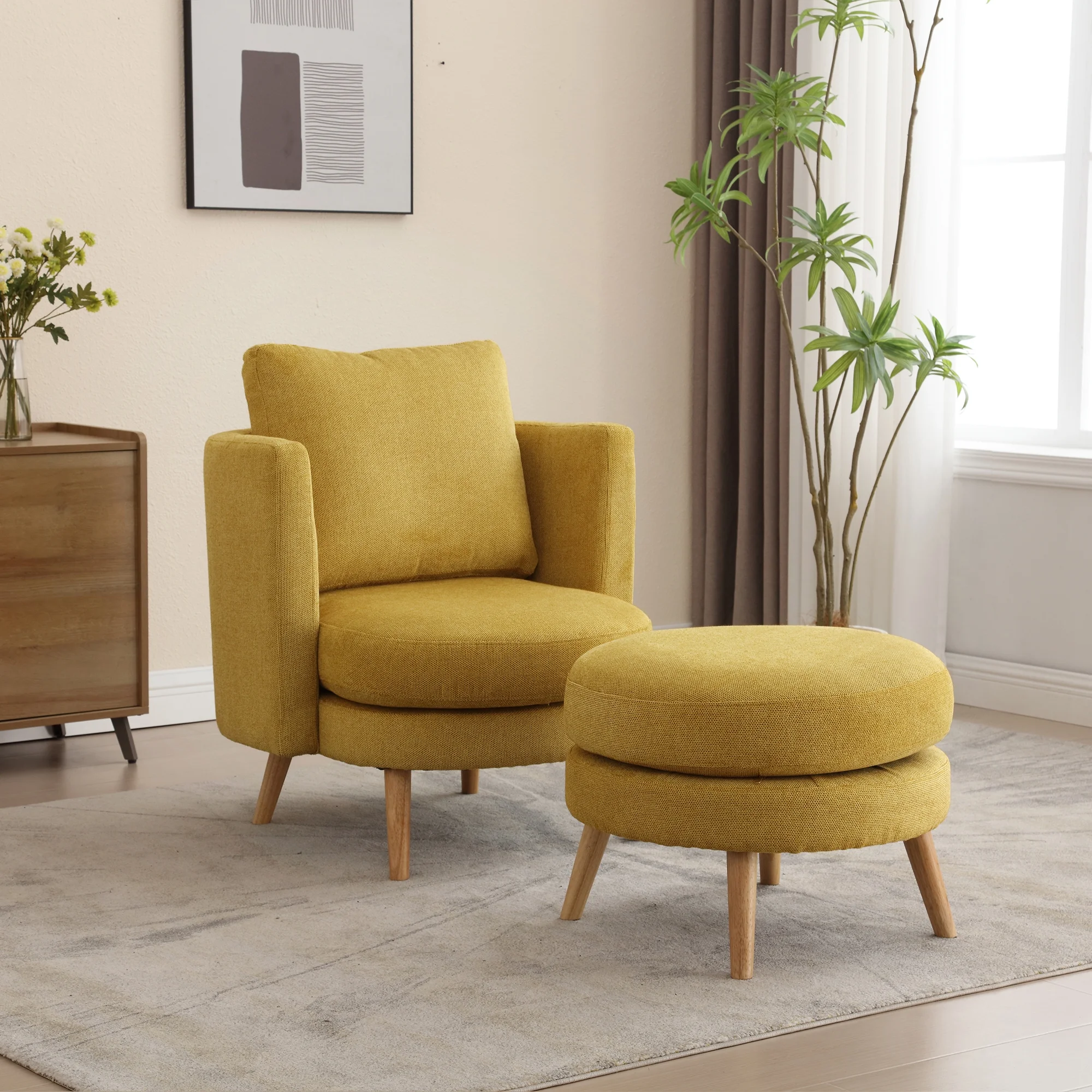 30.7" Wide Accent Chair with Ottoman Armchair Upholstered Reading Chair Single Sofa with Wooden Leg and Throw Pillow for Living Room Bedroom Dorm
